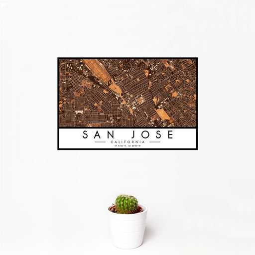 12x18 San Jose California Map Print Landscape Orientation in Ember Style With Small Cactus Plant in White Planter