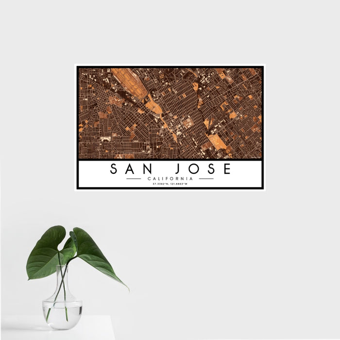 16x24 San Jose California Map Print Landscape Orientation in Ember Style With Tropical Plant Leaves in Water