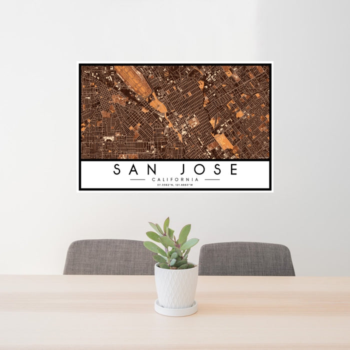 24x36 San Jose California Map Print Landscape Orientation in Ember Style Behind 2 Chairs Table and Potted Plant