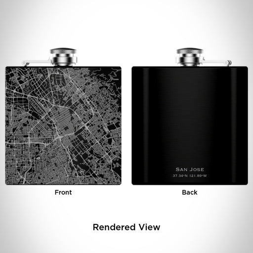 Rendered View of San Jose California Map Engraving on 6oz Stainless Steel Flask in Black