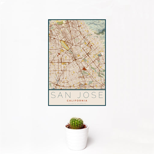 12x18 San Jose California Map Print Portrait Orientation in Woodblock Style With Small Cactus Plant in White Planter