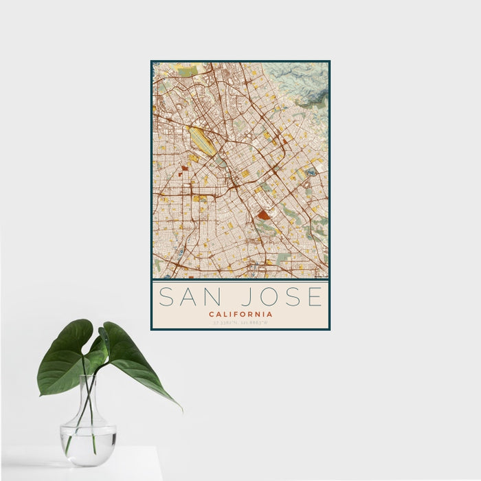 16x24 San Jose California Map Print Portrait Orientation in Woodblock Style With Tropical Plant Leaves in Water