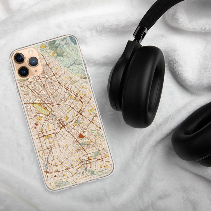 Custom San Jose California Map Phone Case in Woodblock on Table with Black Headphones