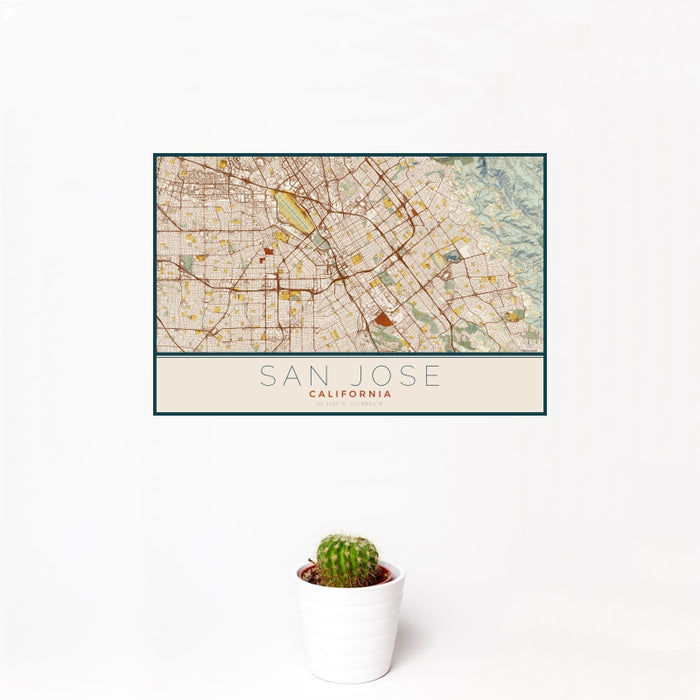 12x18 San Jose California Map Print Landscape Orientation in Woodblock Style With Small Cactus Plant in White Planter