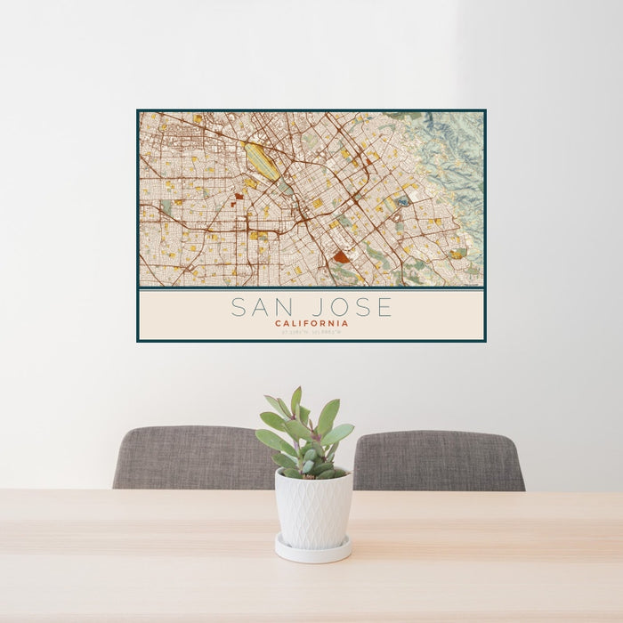 24x36 San Jose California Map Print Landscape Orientation in Woodblock Style Behind 2 Chairs Table and Potted Plant