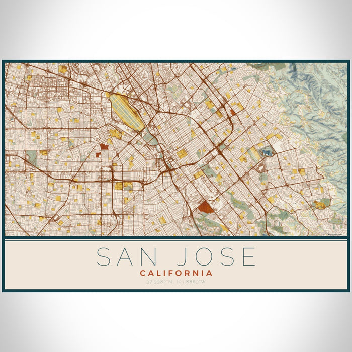 San Jose California Map Print Landscape Orientation in Woodblock Style With Shaded Background