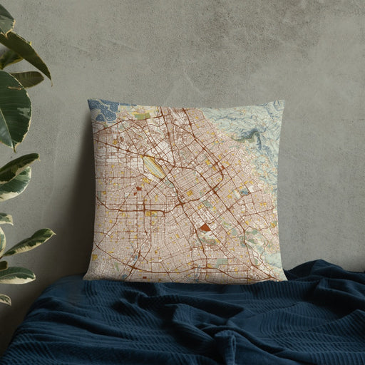 Custom San Jose California Map Throw Pillow in Woodblock on Bedding Against Wall