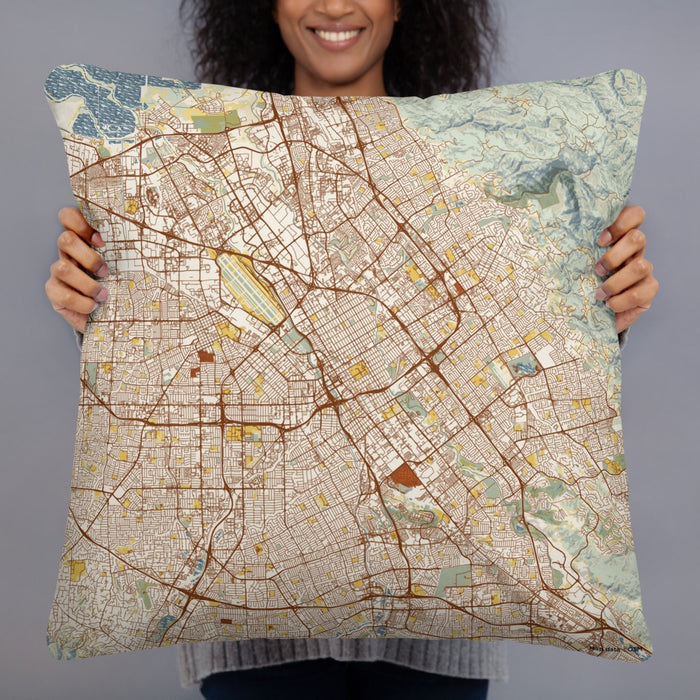 Person holding 22x22 Custom San Jose California Map Throw Pillow in Woodblock