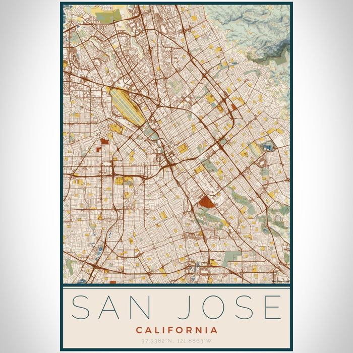 San Jose California Map Print Portrait Orientation in Woodblock Style With Shaded Background
