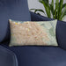 Custom San Jose California Map Throw Pillow in Woodblock on Blue Colored Chair