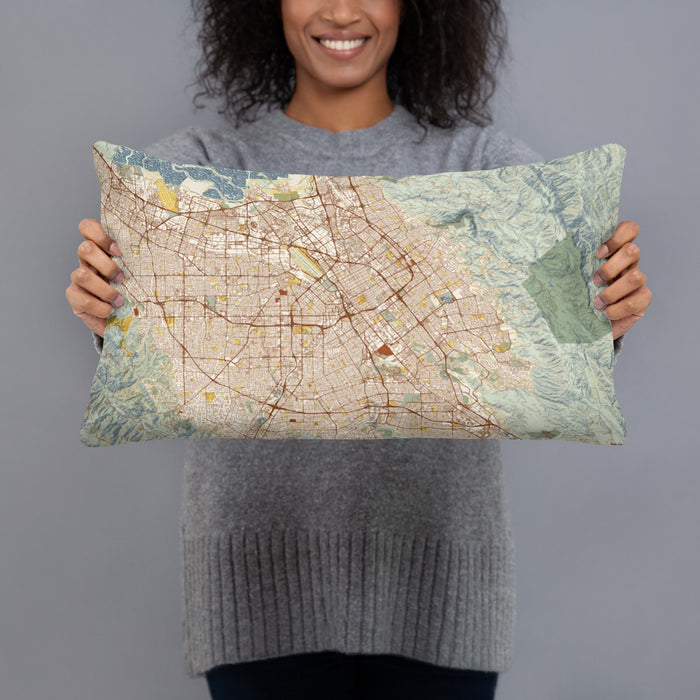 Person holding 20x12 Custom San Jose California Map Throw Pillow in Woodblock