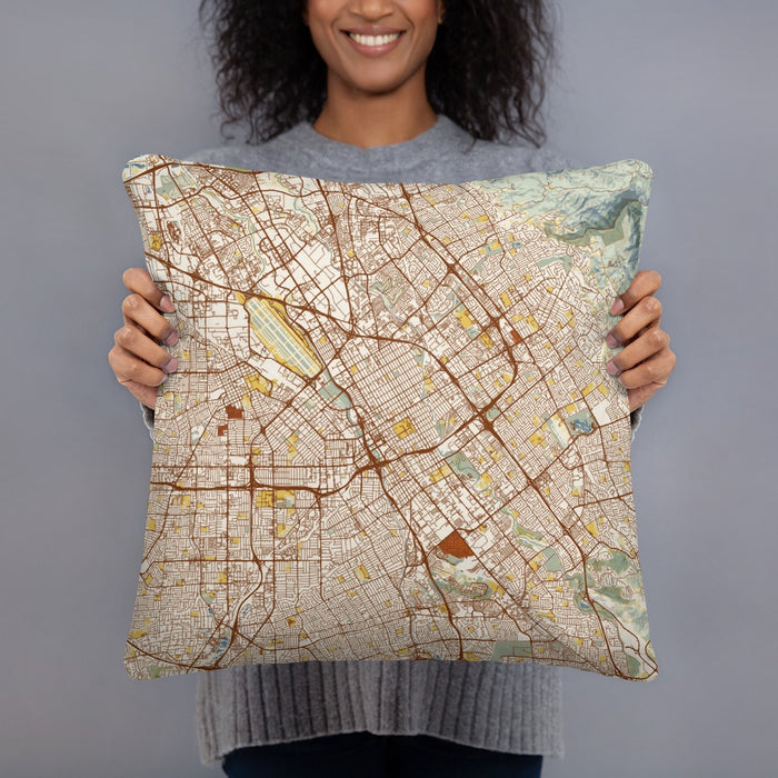 Person holding 18x18 Custom San Jose California Map Throw Pillow in Woodblock