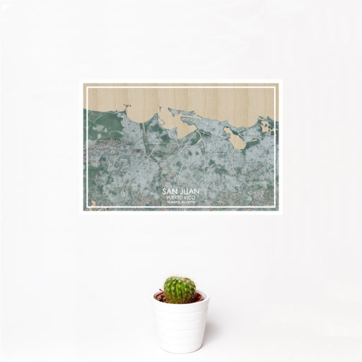 12x18 San Juan Puerto Rico Map Print Landscape Orientation in Afternoon Style With Small Cactus Plant in White Planter