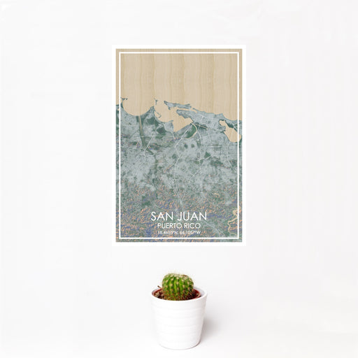 12x18 San Juan Puerto Rico Map Print Portrait Orientation in Afternoon Style With Small Cactus Plant in White Planter