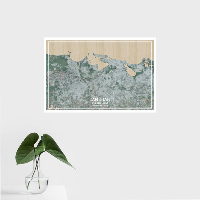 16x24 San Juan Puerto Rico Map Print Landscape Orientation in Afternoon Style With Tropical Plant Leaves in Water