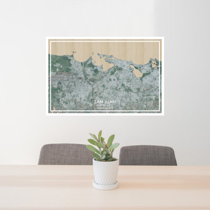 24x36 San Juan Puerto Rico Map Print Lanscape Orientation in Afternoon Style Behind 2 Chairs Table and Potted Plant