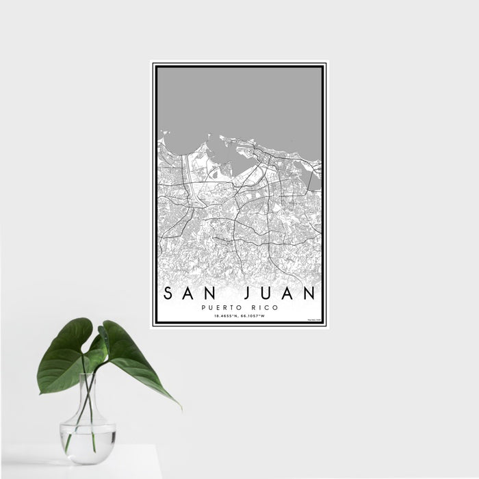 16x24 San Juan Puerto Rico Map Print Portrait Orientation in Classic Style With Tropical Plant Leaves in Water