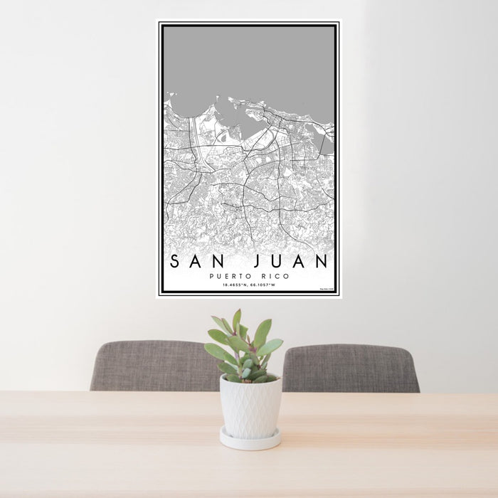 24x36 San Juan Puerto Rico Map Print Portrait Orientation in Classic Style Behind 2 Chairs Table and Potted Plant