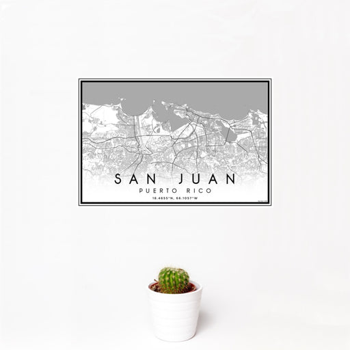 12x18 San Juan Puerto Rico Map Print Landscape Orientation in Classic Style With Small Cactus Plant in White Planter