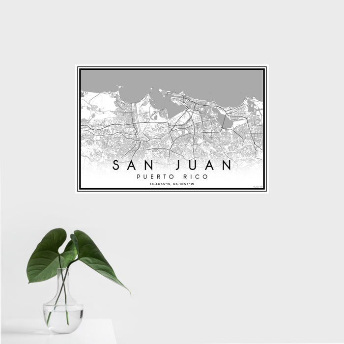 16x24 San Juan Puerto Rico Map Print Landscape Orientation in Classic Style With Tropical Plant Leaves in Water