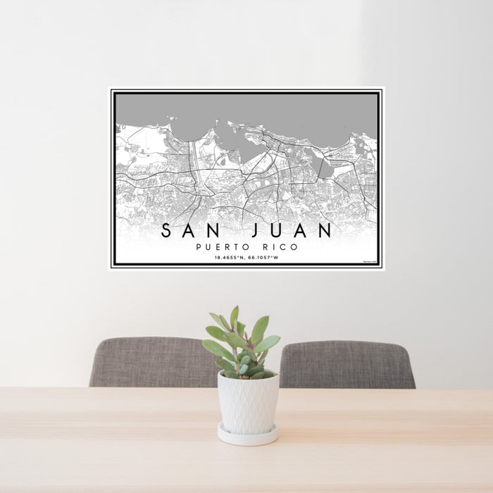 24x36 San Juan Puerto Rico Map Print Landscape Orientation in Classic Style Behind 2 Chairs Table and Potted Plant