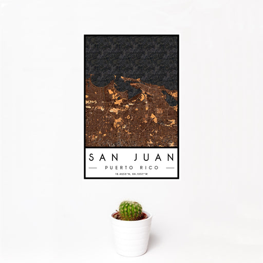 12x18 San Juan Puerto Rico Map Print Portrait Orientation in Ember Style With Small Cactus Plant in White Planter