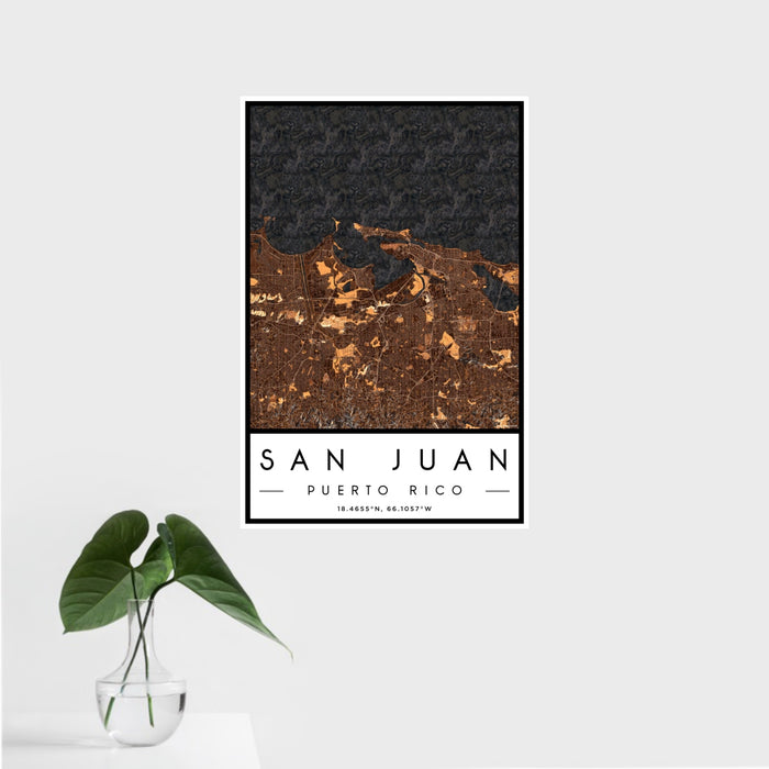 16x24 San Juan Puerto Rico Map Print Portrait Orientation in Ember Style With Tropical Plant Leaves in Water