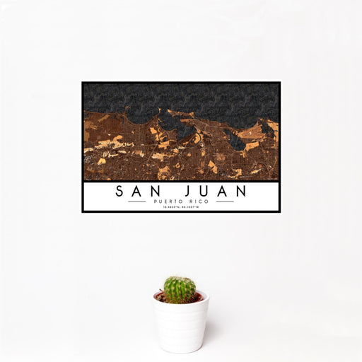 12x18 San Juan Puerto Rico Map Print Landscape Orientation in Ember Style With Small Cactus Plant in White Planter