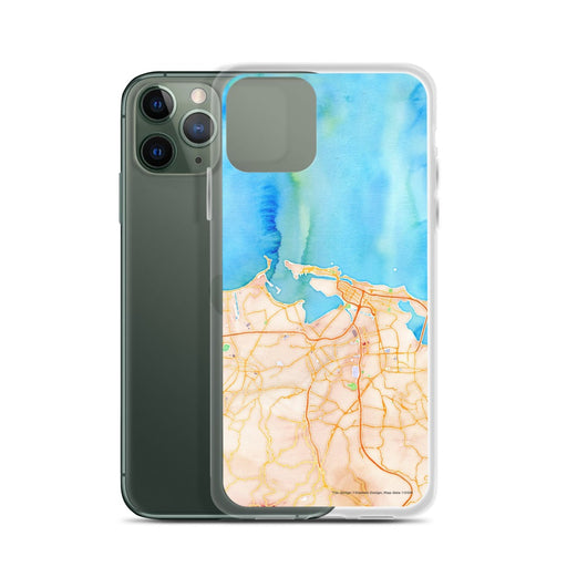 Custom San Juan Puerto Rico Map Phone Case in Watercolor on Table with Laptop and Plant