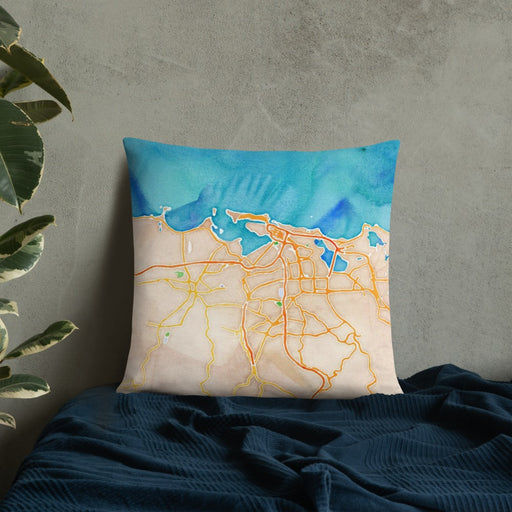 Custom San Juan Puerto Rico Map Throw Pillow in Watercolor on Bedding Against Wall