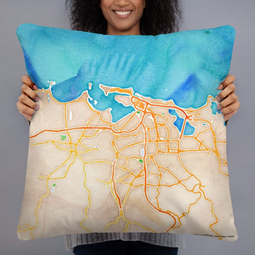 Person holding 22x22 Custom San Juan Puerto Rico Map Throw Pillow in Watercolor