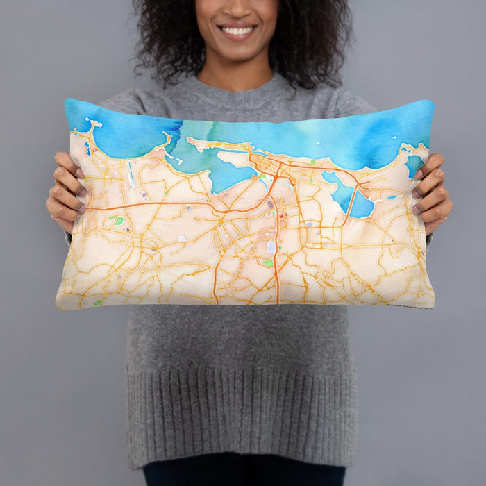 Person holding 20x12 Custom San Juan Puerto Rico Map Throw Pillow in Watercolor