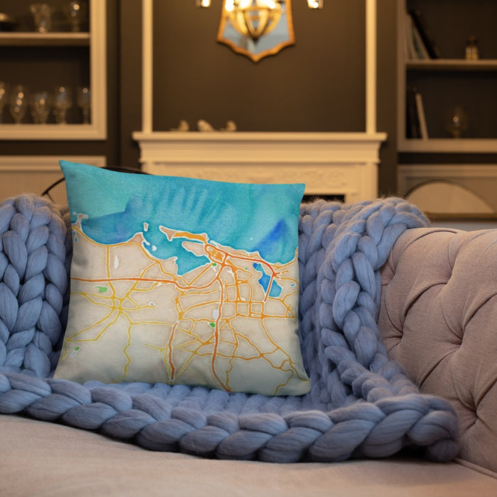 Custom San Juan Puerto Rico Map Throw Pillow in Watercolor on Cream Colored Couch