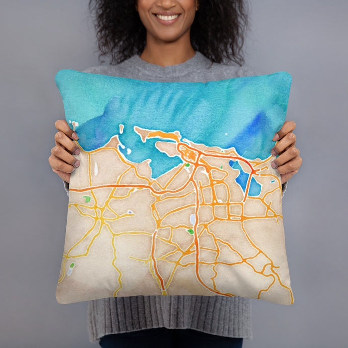 Person holding 18x18 Custom San Juan Puerto Rico Map Throw Pillow in Watercolor