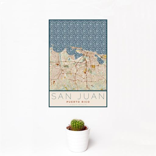 12x18 San Juan Puerto Rico Map Print Portrait Orientation in Woodblock Style With Small Cactus Plant in White Planter