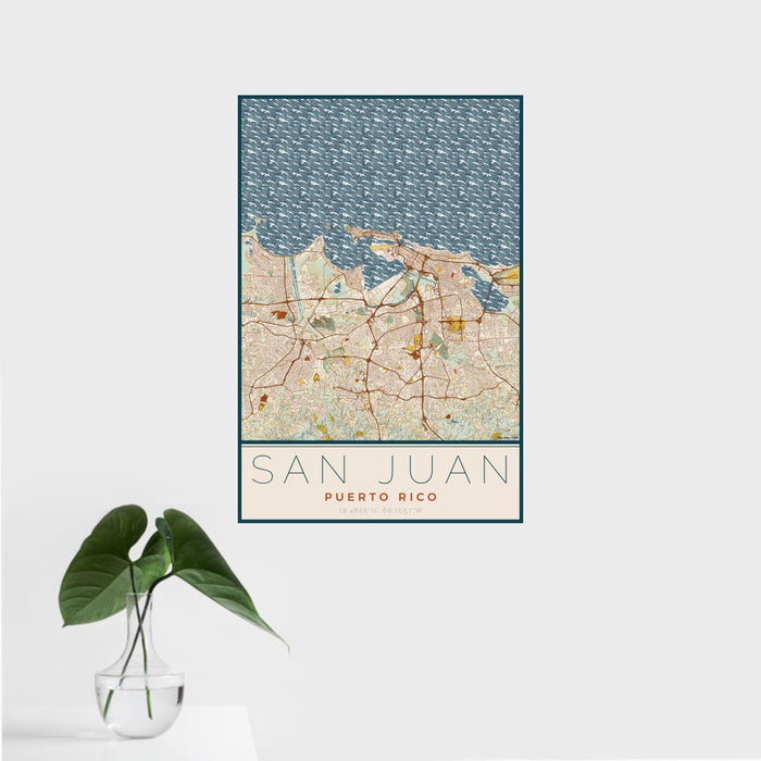 16x24 San Juan Puerto Rico Map Print Portrait Orientation in Woodblock Style With Tropical Plant Leaves in Water
