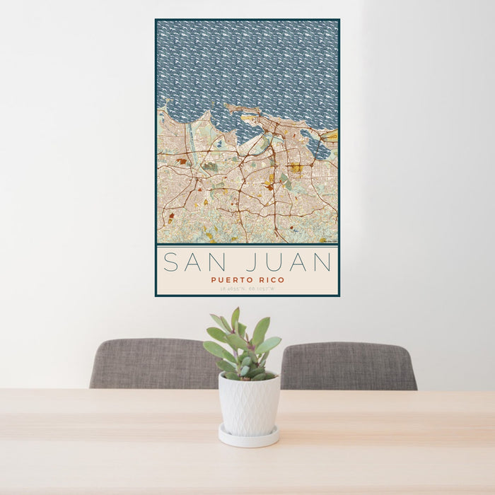 24x36 San Juan Puerto Rico Map Print Portrait Orientation in Woodblock Style Behind 2 Chairs Table and Potted Plant