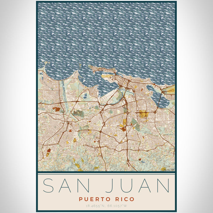 San Juan Puerto Rico Map Print Portrait Orientation in Woodblock Style With Shaded Background