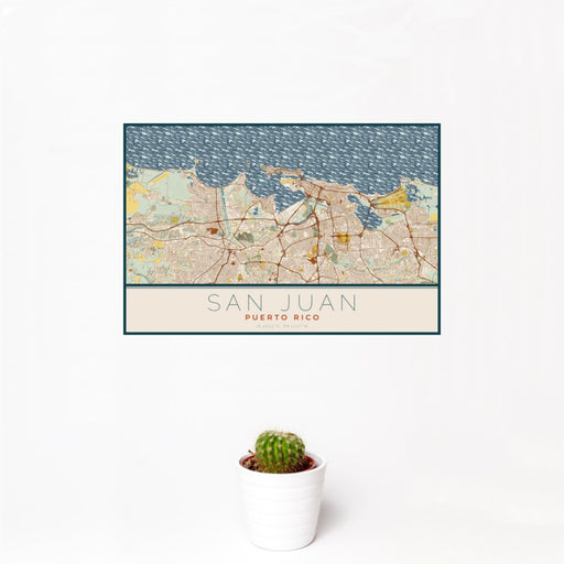 12x18 San Juan Puerto Rico Map Print Landscape Orientation in Woodblock Style With Small Cactus Plant in White Planter