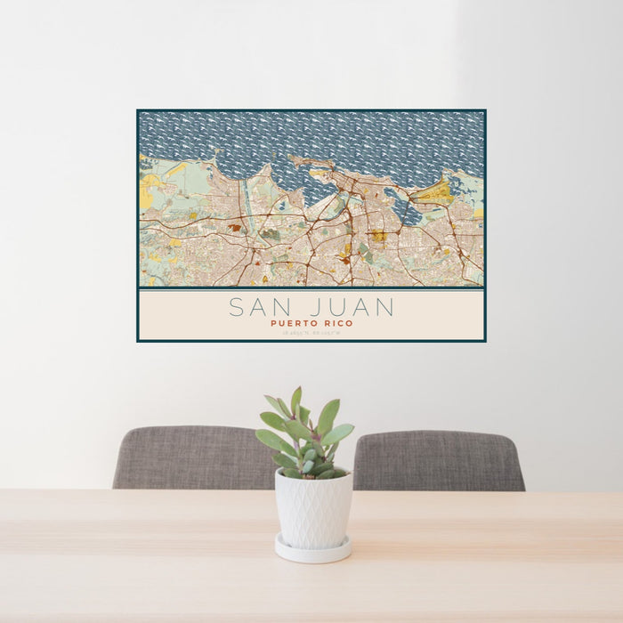 24x36 San Juan Puerto Rico Map Print Landscape Orientation in Woodblock Style Behind 2 Chairs Table and Potted Plant
