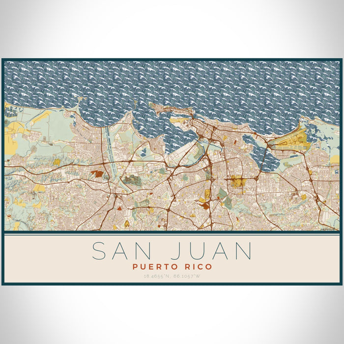 San Juan Puerto Rico Map Print Landscape Orientation in Woodblock Style With Shaded Background