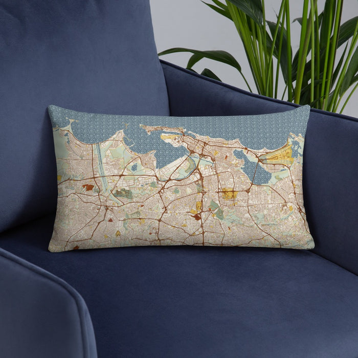 Custom San Juan Puerto Rico Map Throw Pillow in Woodblock on Blue Colored Chair