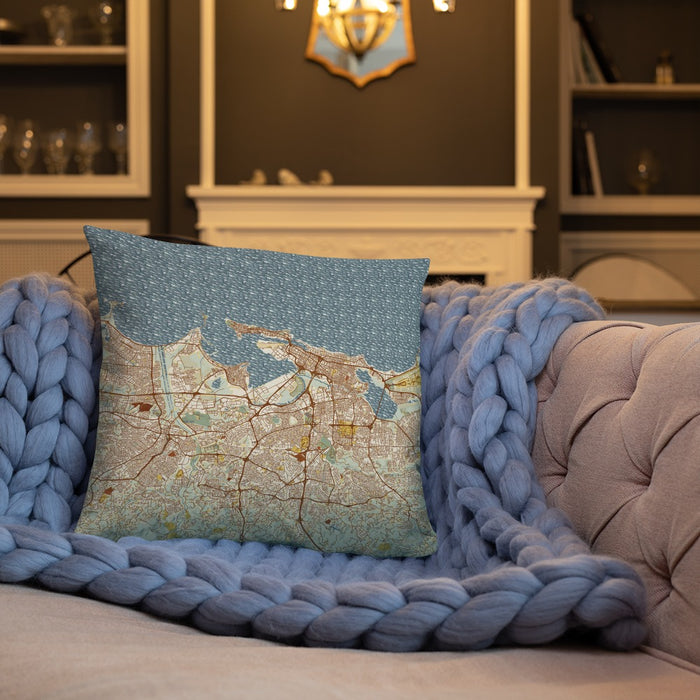 Custom San Juan Puerto Rico Map Throw Pillow in Woodblock on Cream Colored Couch