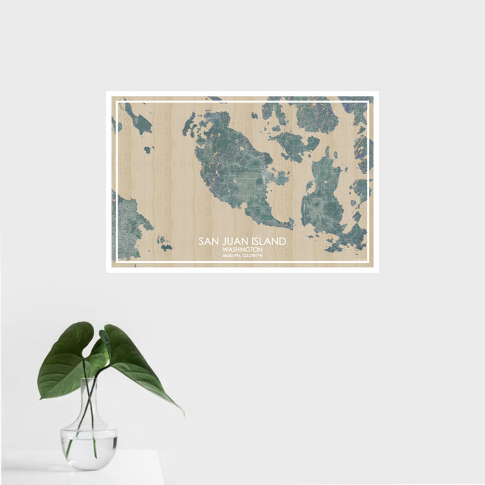 16x24 San Juan Island Washington Map Print Landscape Orientation in Afternoon Style With Tropical Plant Leaves in Water
