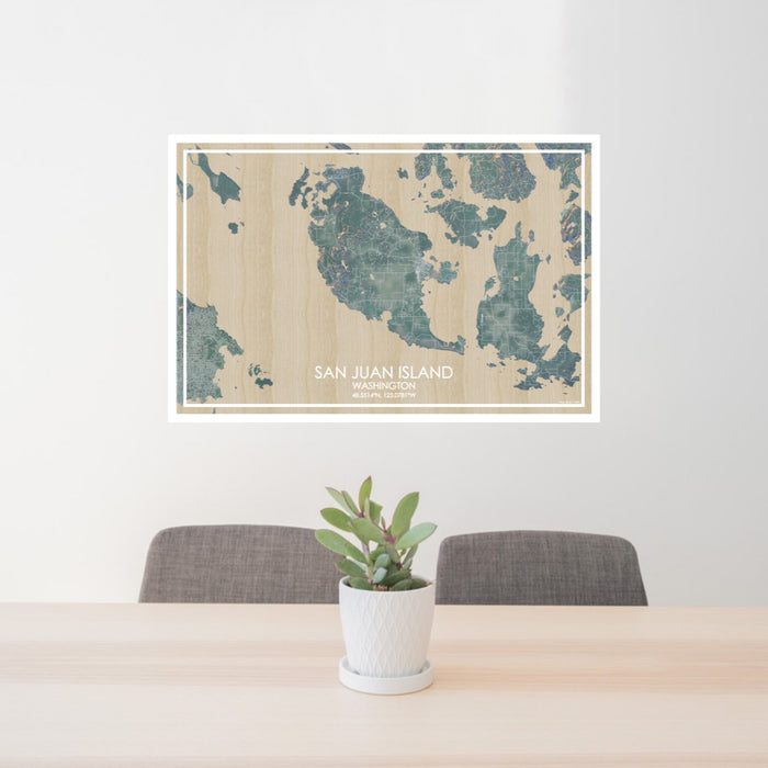 24x36 San Juan Island Washington Map Print Lanscape Orientation in Afternoon Style Behind 2 Chairs Table and Potted Plant