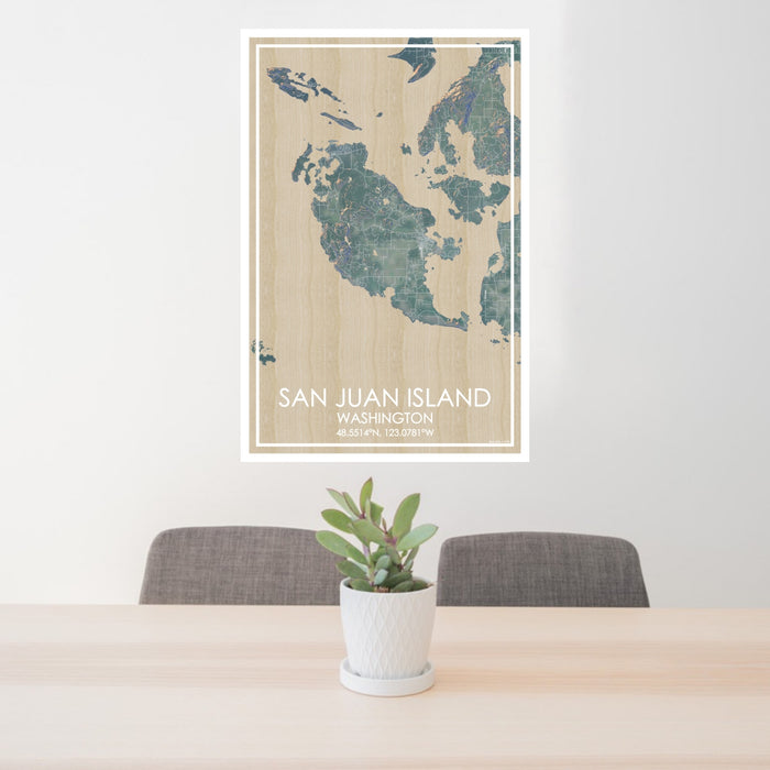 24x36 San Juan Island Washington Map Print Portrait Orientation in Afternoon Style Behind 2 Chairs Table and Potted Plant