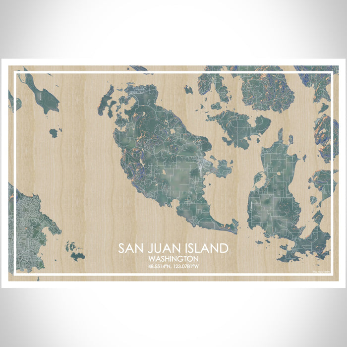 San Juan Island Washington Map Print Landscape Orientation in Afternoon Style With Shaded Background