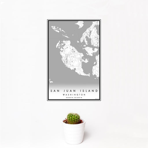 12x18 San Juan Island Washington Map Print Portrait Orientation in Classic Style With Small Cactus Plant in White Planter