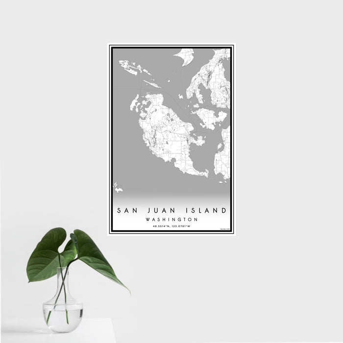 16x24 San Juan Island Washington Map Print Portrait Orientation in Classic Style With Tropical Plant Leaves in Water