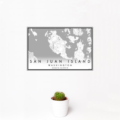 12x18 San Juan Island Washington Map Print Landscape Orientation in Classic Style With Small Cactus Plant in White Planter